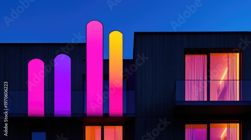 Illuminated vertical columns display vibrant neon colors against a modern building facade at twilight