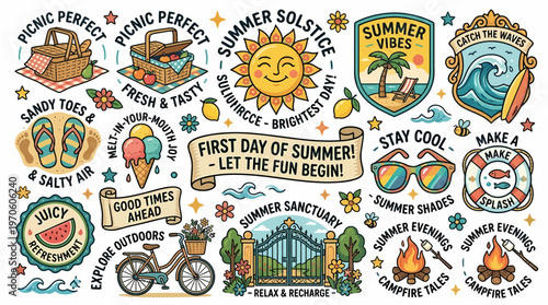 Summer Fun Elements: Picnic, Sun, Beach, Ice Cream, Bike