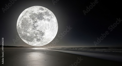 Magnificent Full Moon Ascends Over a Reflective Ocean Beach at Night
