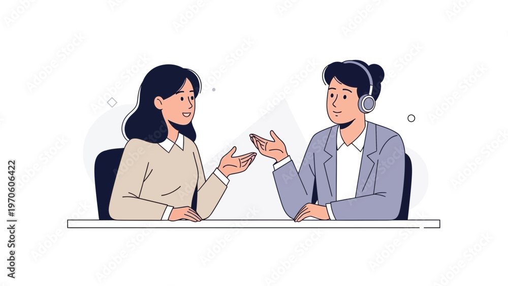 Fototapeta premium Two people talking at a desk, one wearing headphones, business meeting, communication concept