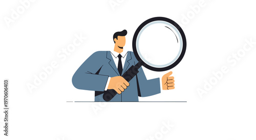 A professional man in a grey suit holds a large magnifying glass and gives a thumbs up, symbolizing careful inspection and positive results.