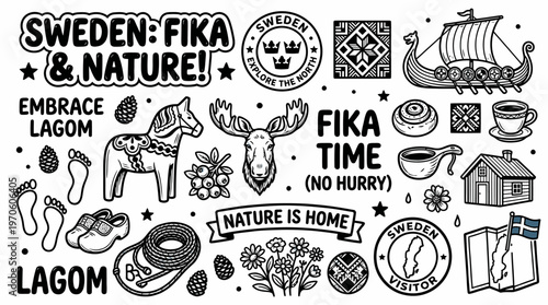 Sweden Fika Nature Lagom Dala Horse Viking Moose Symbols