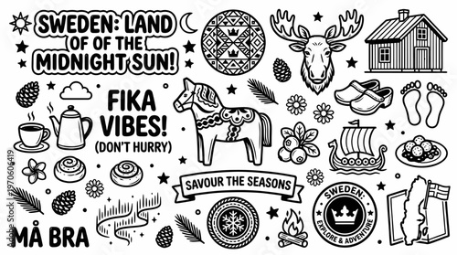 Sweden Fika Vibes Midnight Sun Dala Horse Moose Viking Ship