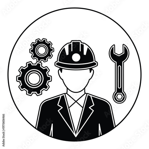 Black and white illustration of engineer with tools and gears in circle icon