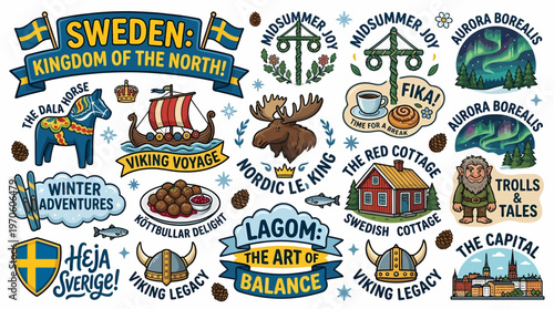 Sweden Symbols: Dala Horse, Viking, Moose, Aurora, Fika