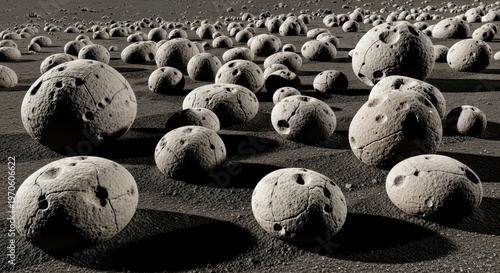 Numerous scarred and rounded moon rocks of varying sizes scattered across the lunar surface