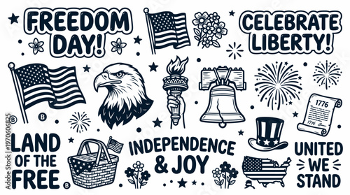 USA Independence Day Celebration Icons - Freedom, Liberty, Eagle