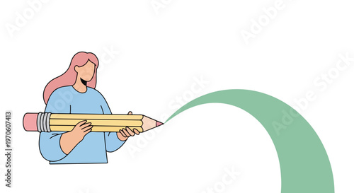 A woman with pink hair holds a giant pencil and draws a curved green line against a plain white background in a flat vector style.