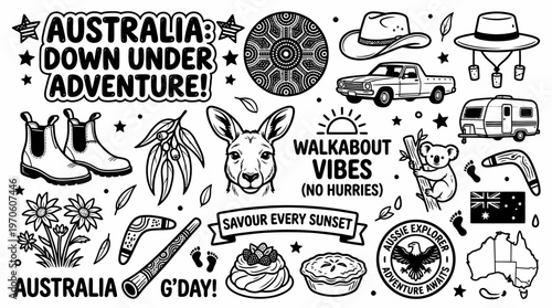 Australia Adventure Doodles: Kangaroo, Boomerang, Outback Icons