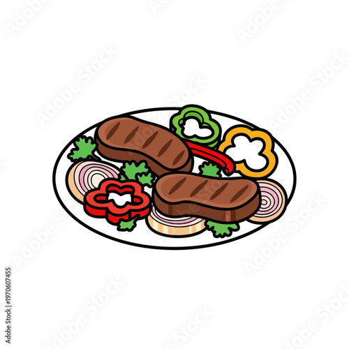 Vector illustration of grilled steak and vegetables