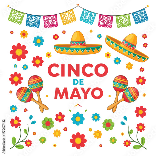 Cinco de Mayo festive banner with sombreros and maracas