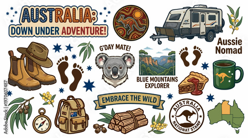 Australia Adventure: Koala, Caravan, Boots, Outback Icons