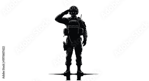 Strong silhouette illustration of a brave soldier in tactical gear performing a respectful military salute