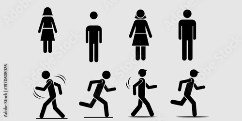 Black silhouette icons of people running and standing.