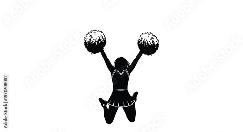 Silhouette illustration of a spirited cheerleader jumping enthusiastically with pom-poms raised high.
