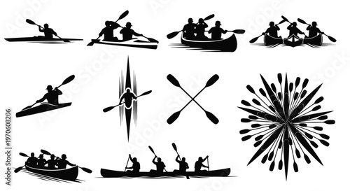 Collection of black and white silhouettes depicting kayakers, canoers, and oars for water sports activities and adventures.