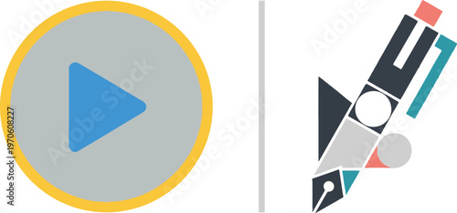 Vector graphic featuring a colorful blue play button icon inside a yellow circle alongside an abstract, geometric fountain pen design, representing multimedia content and digital creativity.