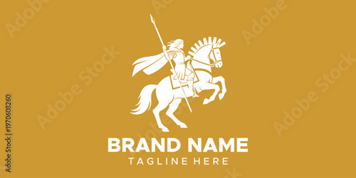 White knight logo on orange background.