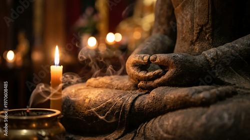 Stone Buddha Statue in Meditation with Candle and Incense Smoke