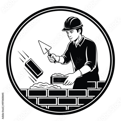 Man in hard hat laying bricks with trowel and mortar icon