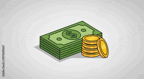 Stack of US Dollar Bills and Coins.