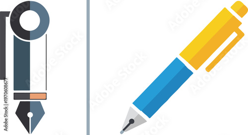 Vector duo featuring a modern flat-style fountain pen in blue and yellow alongside a stylized, minimalist pen nib icon with geometric accents, representing writing, design, and authorship.