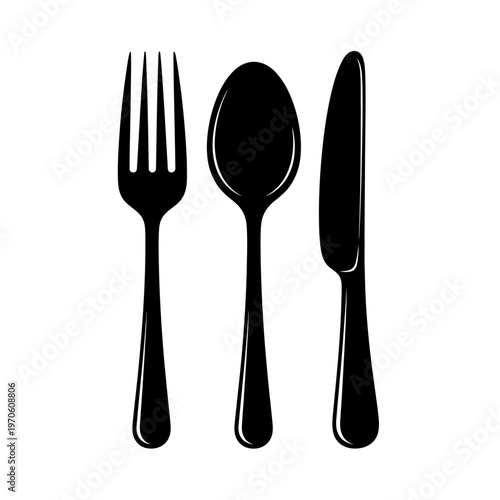 Black silhouette of fork, spoon, and knife.