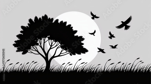 Black silhouette tree, birds flying, moonlight landscape, vector illustration isolated on Transparent Background