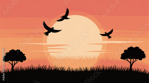 Sunset, Silhouette, Landscape, Vector, Orange, Nature, Wildlife isolated on Transparent Background