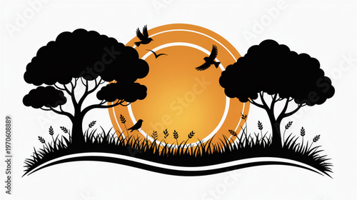 Sunset landscape, silhouette trees, birds flying, nature scene, vector illustration isolated on Transparent Background