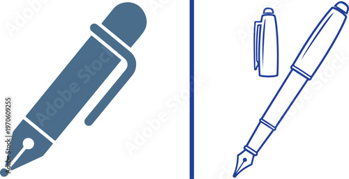 Vector illustrations of blue fountain pens in two styles. Features a solid flat icon and a detailed line art version with a separate pen cap, representing classic writing and professional stationery.