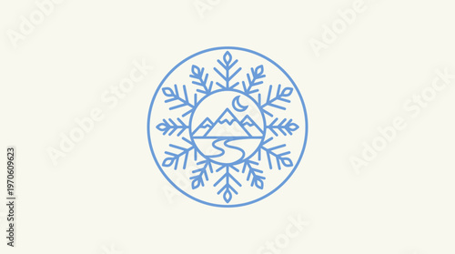 Winter Mountain Landscape Inside Snowflake Emblem