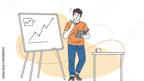 Man in casual clothes thinking near a whiteboard with a growing graph and desk with coffee