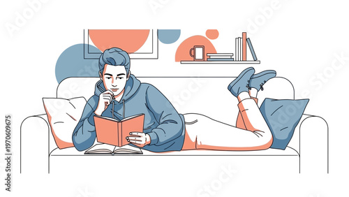 Young man relaxing on sofa reading book, modern interior, illustration