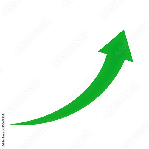 A vibrant green curved arrow pointing towards the upper right corner indicating growth and success isolated on white background