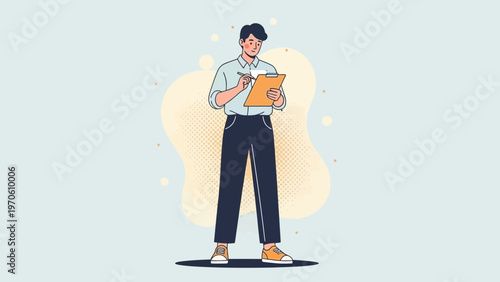 Man writing on clipboard, business concept, flat design illustration