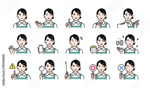 家事代行の女性スタッフの様々な表情バリエーションセット