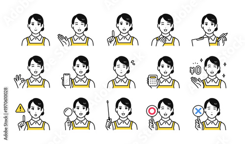 エプロン姿の女性スタッフのアイコンセット