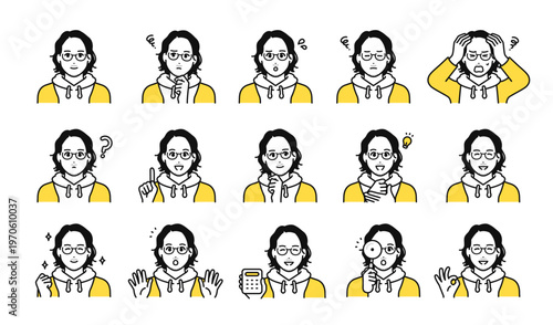 パーカーを着たカジュアルな男性のアイコンセット