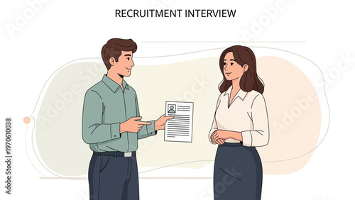 Recruitment Interview: Man Holding Resume, Woman Applicant