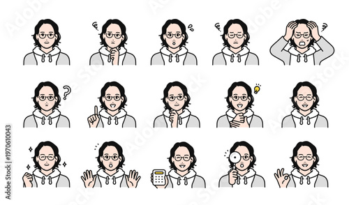 パーマをかけたカジュアルな男性の様々な表情バリエーションセット