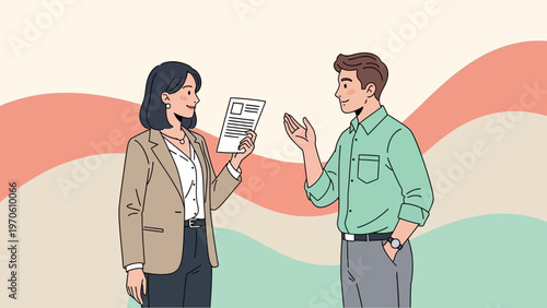 Business meeting: woman shows document to man, discussing work, office, teamwork, partnership