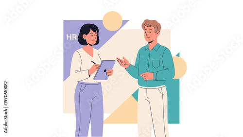 HR professional interviewing a candidate, modern flat illustration