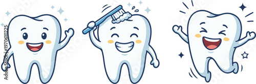 A set of cheerful cartoon teeth illustrating dental hygiene steps, including brushing and sparkling clean smiles, representing oral care, cleanliness, and healthy dentistry concepts.