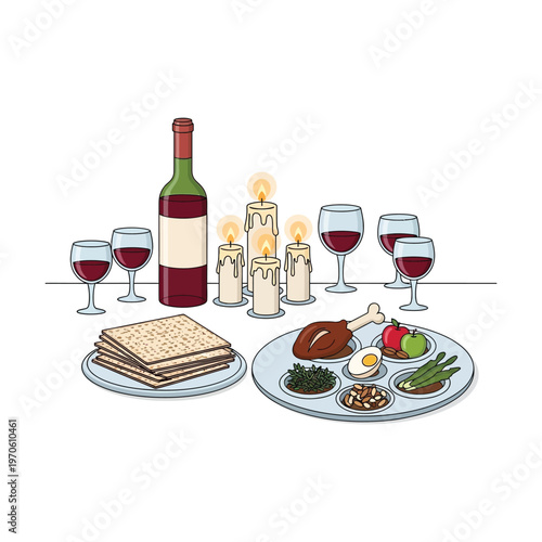 Illustration of a Passover seder plate with matzah, wine, and symbolic foods on a table with candlelight, representing a Jewish holiday tradition.