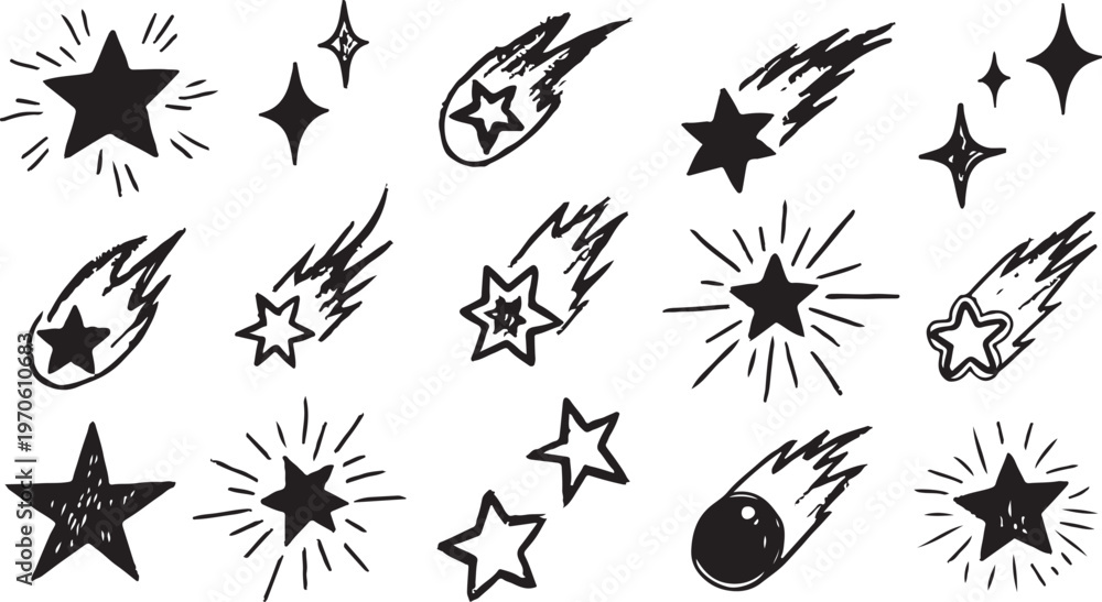 Fototapeta premium Hand drawn star spark doodle element icon set. Hand drawn sketch doodle style. Light decoration background.