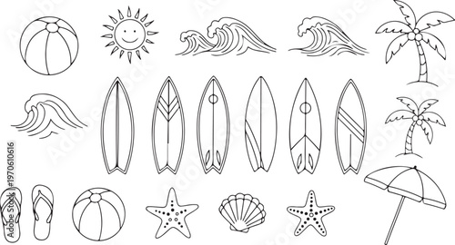 Vector set of tropical beach silhouettes including palm trees, umbrellas, lounge chairs, boats and cocktails. Black summer vacation icons ideal for travel design