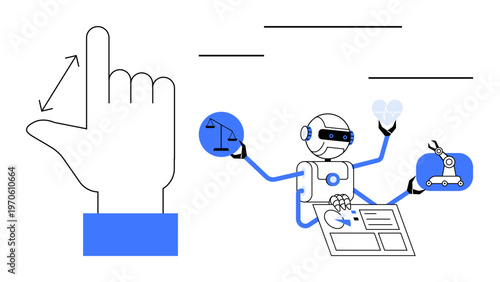 Artificial intelligence, automation, robotics, ethical decisions, machine learning, and innovation. Robot multitasking with scales, blueprint gear and robot hand. AI ethics and automation concept