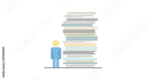 A simple vector illustration of a small person standing beside an enormous stack of colorful books or documents on a white background.