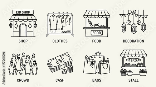 Eid bazaar icons showing shop, clothes, food, decoration, stall, crowd, cash, and shopping bags